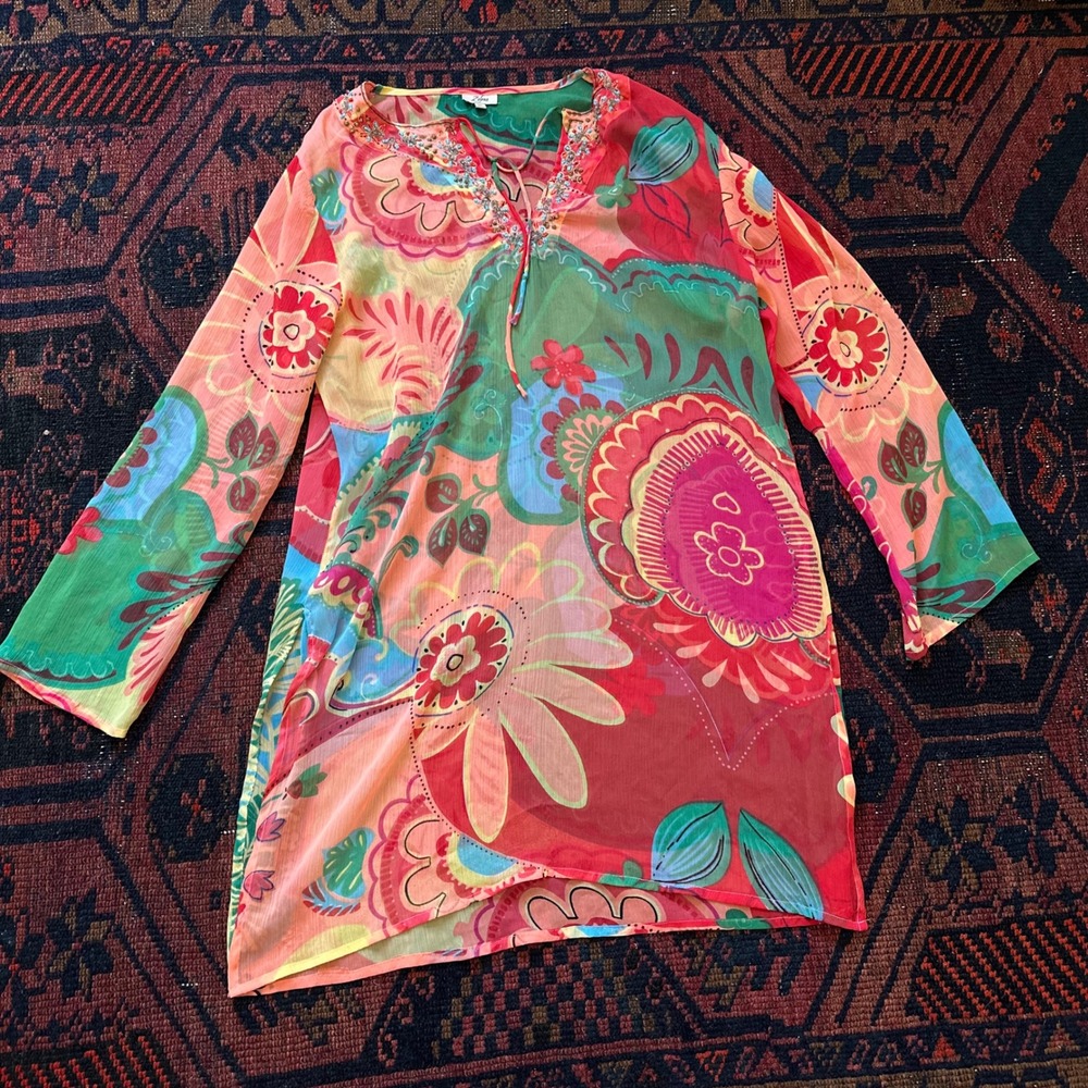 Zolena Womens XL Beaded Sheer Tunic Top Floral Long Sleeve Multicolor